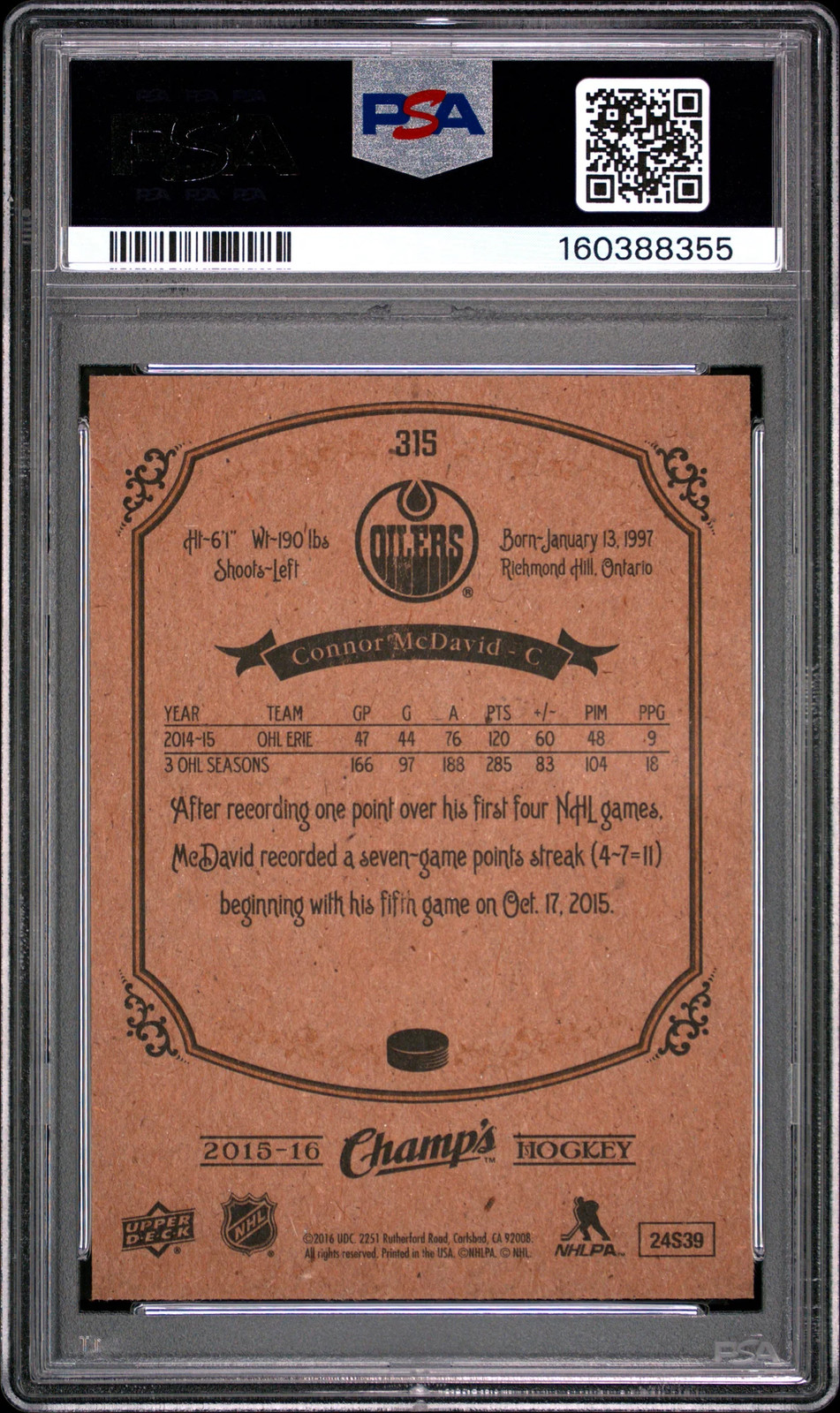 2015 Upper Deck Champs Connor McDavid #315 PSA 10 Rookie view 2
