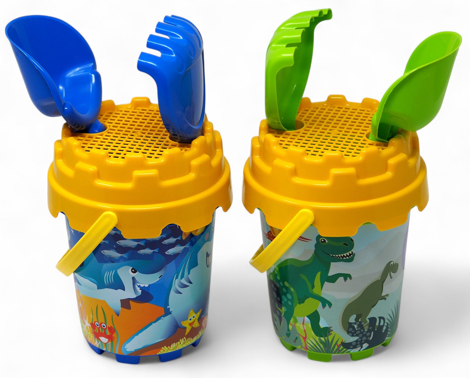 Kids Beach Bucket and Spades - Blue Shark and Dinosaur Design - Set of 2