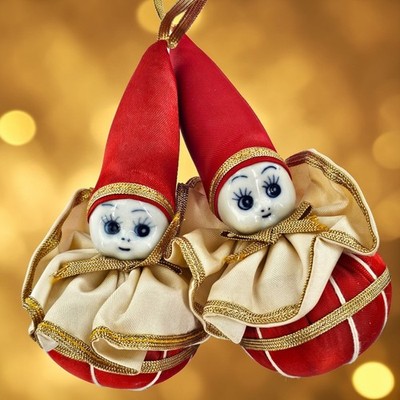 Xmas Tree Ornament Porcelain Face Pixie Elf Hat Red Jester Pin Cushion Lot RARE