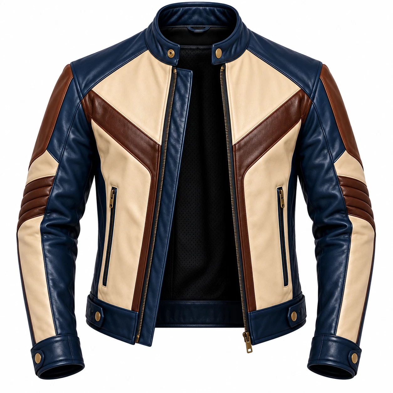 Mens Lambskin Leather Biker Jacket Navy Blue Brown Cream Cafe Racer Motorcycle - product detail image 3