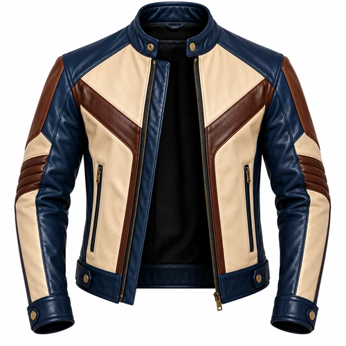 Mens Lambskin Leather Biker Jacket Navy Blue Brown Cream Cafe Racer Motorcycle image 3