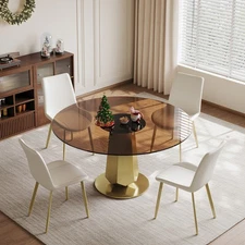 53 inch 5-Piece Round Dining Table Set with Smoked Glass Top & 4 White PU Chairs