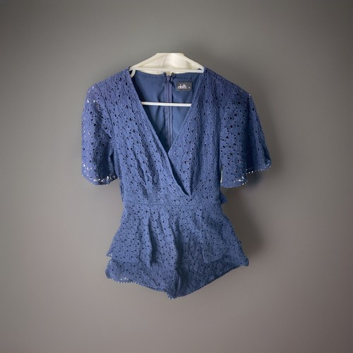 Dotti: Navy Lace Peplum Playsuit- Size 10 -Bow At Back V Neck - Free Post