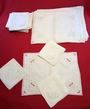 Vintage Lot Set Of 10 Linen Placemats + 12 Napkins Cutwork Hemstitched Cottage