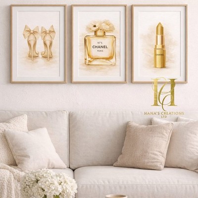 Designer-Inspired Wall Prints set of 3 A3 Gold & Cream  Luxury Modern Home Décor