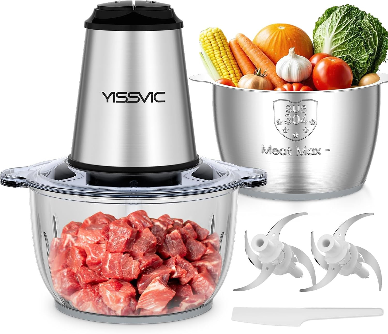 Tritatutto Da Cucina Elettrico 2L,500W,Doppia Ciotola Vetro E Acciaio Inox,2 Vel
