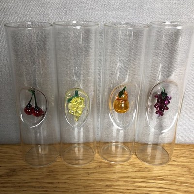 Set Of 4 Vintage Murano Shot glasses Clear With Mixed Fruit 3D Hand Blown Signed