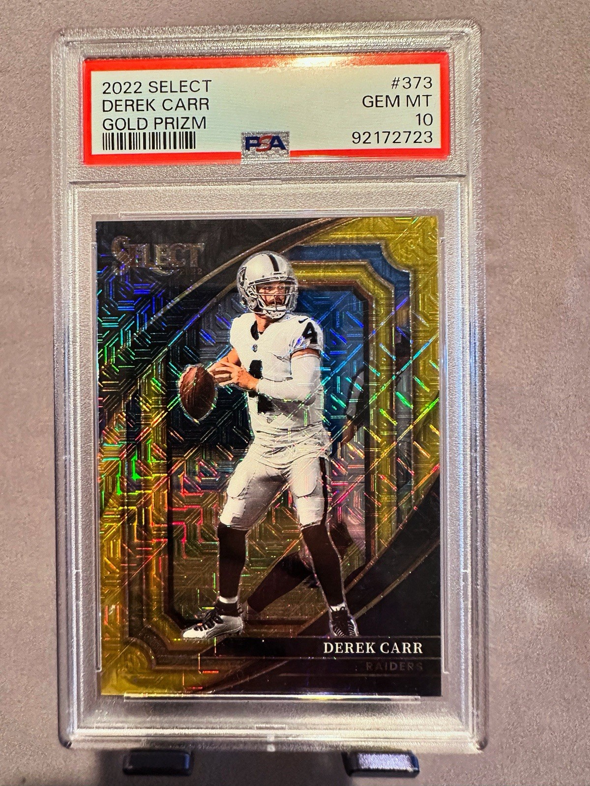 2022 Select Gold Prizm PSA 10, Derek Carr. 04/10.