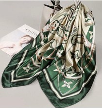 Women s Silk Satin Square Scarf Chain Equestrian Print Green Beige White