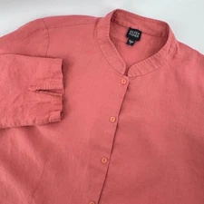 Eileen Fisher Linen Mandarin Collar Button Front Jacket Top Tunic Coral Large