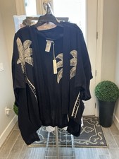 Chico's navy Rayon Embroidered Palm Tree Kimono Jacket 3/4 Sleeve One Size