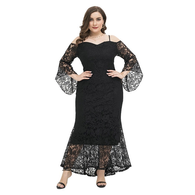 Women Flared Sleeve Off Shoulder Lace Overlay Slim Fit Maxi Fishtail Dress Gown