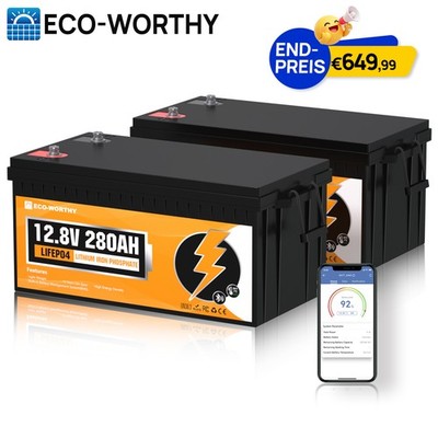 2 Pack 12V 280Ah Bluetooth LiFePO4 Akku Lithium Batterie BMS für RV, Solaranlage