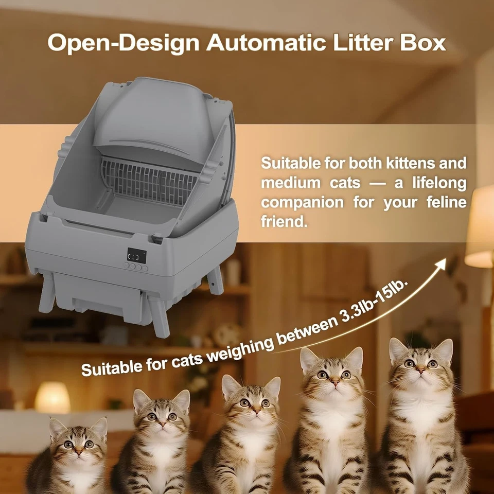 Caixa de areia automática para gatos autolimpeza - controle de aplicativo, design estilo aberto cinza - Imagem 2 de 4