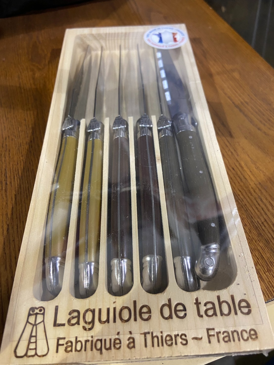 Set of 6 authentic French Jean Dubost Laguiole steak knives Multi color, new