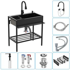 Stainless Steel Utility Sink Freestanding Single Bowl w/Faucet  Dishwasher Rack