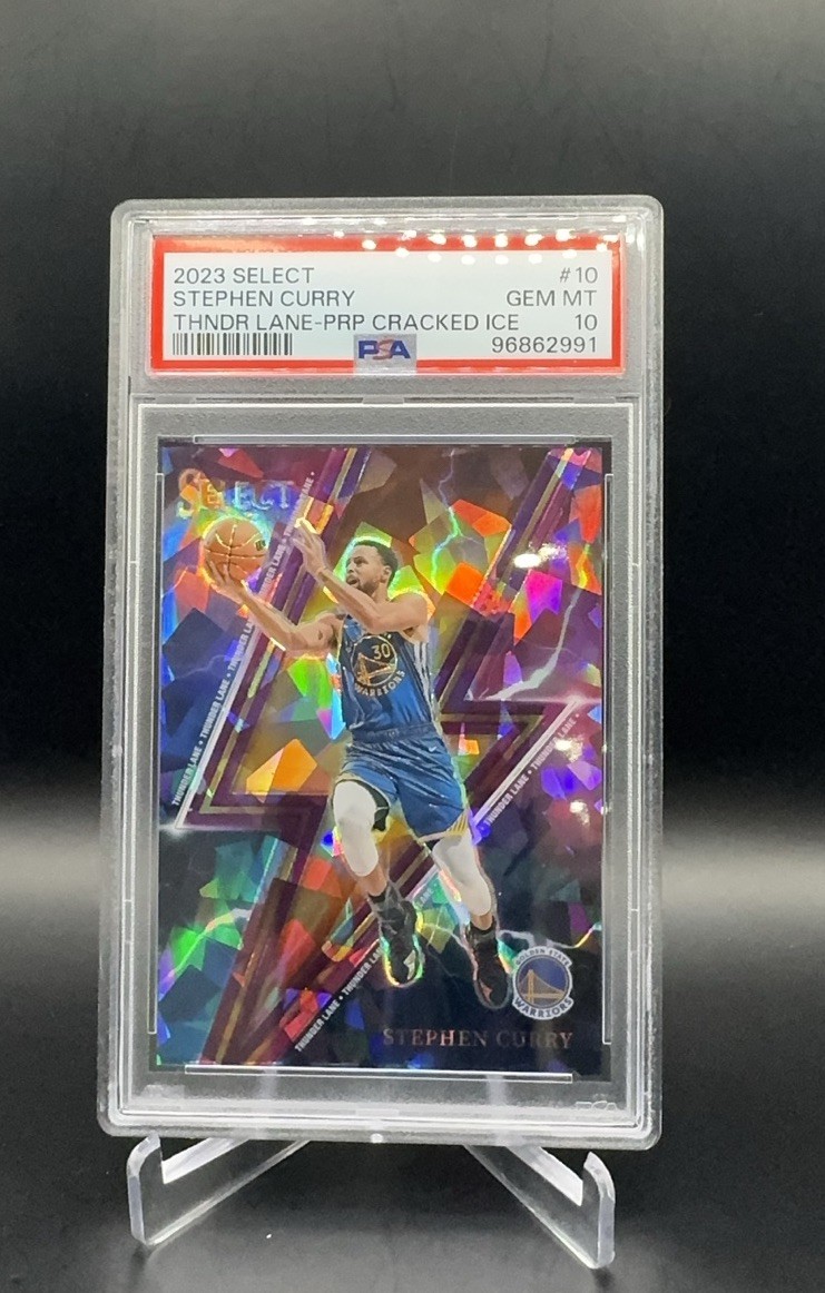 2023-24 Select Stephen Curry Thunder Lane Purple Cracked Ice Prizms #75 PSA 10