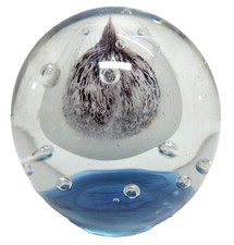VINTAGE HAND MADE ART GLASS BLUE AND CONTROL BUBBLE CASED GLASS PAPER WEIGHT