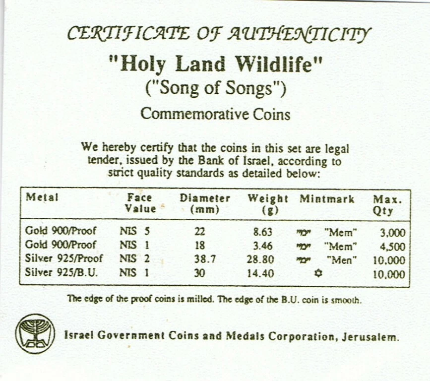 1991 Biblical Holy Land Wildlife Cedar and Dove PR + monete d'argento BU + sc... - Immagine 4 di 4
