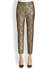 NEW ST. JOHN Metallic Gold Emma Fit Lace Pants Trousers 4 Crop Ankle Length