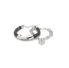NEW GUESS 2 PC SET,SILVER+HEMATITE TONE,MESH,CHAIN,CRYSTAL HEART CHARM BRACELET