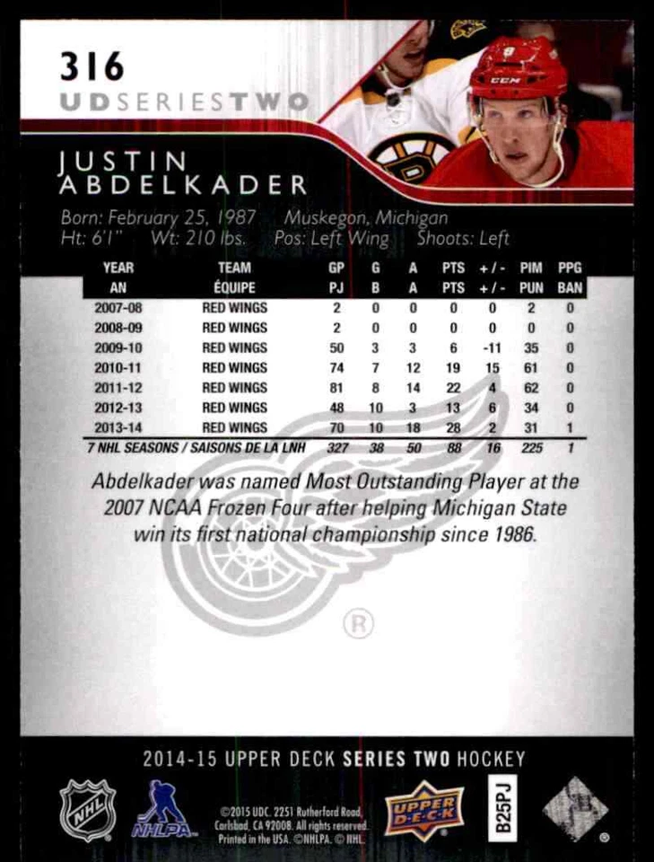 2014-15 Upper Deck Justin Abdelkader #316 - Image 2 of 2