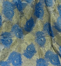 BLUE GOLD WHITE Metallic Brocade ORGANZA Fabric 58 Width Sold By The Yard