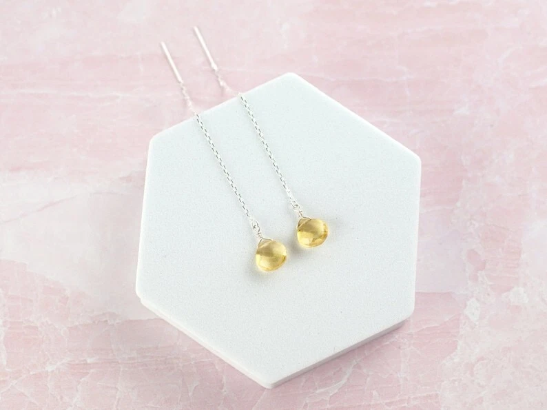 Красивые желтые позолоченные серьги-цепочки ручной работы с цитрином - Изображение 2 из 4