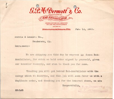 McDermott & Co Indianapolis IN 1922 Letterhead Mouse Rat Annihilator