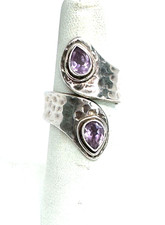 925 STERLING SILVER AND AMETHYST HAMMERED BYPASS RING, ADJUSTABLE SIZE