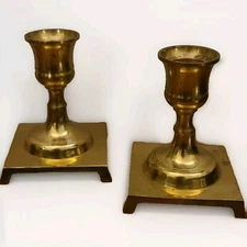 Vtg Solid Brass CANDLESTICK Set Square Base Farmhouse Decor Japan Christmas Deco
