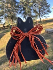 Halloween Black Fat Cat Wooden Folk Art Handmade Hand Painted Wall/Door Hanging