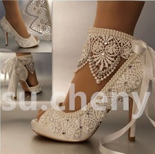 su.cheny 3" 4" heel satin white ivory lace anklet open toe Wedding Bridal shoes