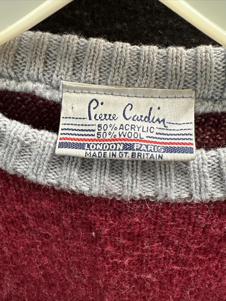 Suéter De Colección Años 80 Pierre Cardin Para Hombre Granate y Gris Claro Mezcla de Lana Tejido Grande Foto 3 de 4