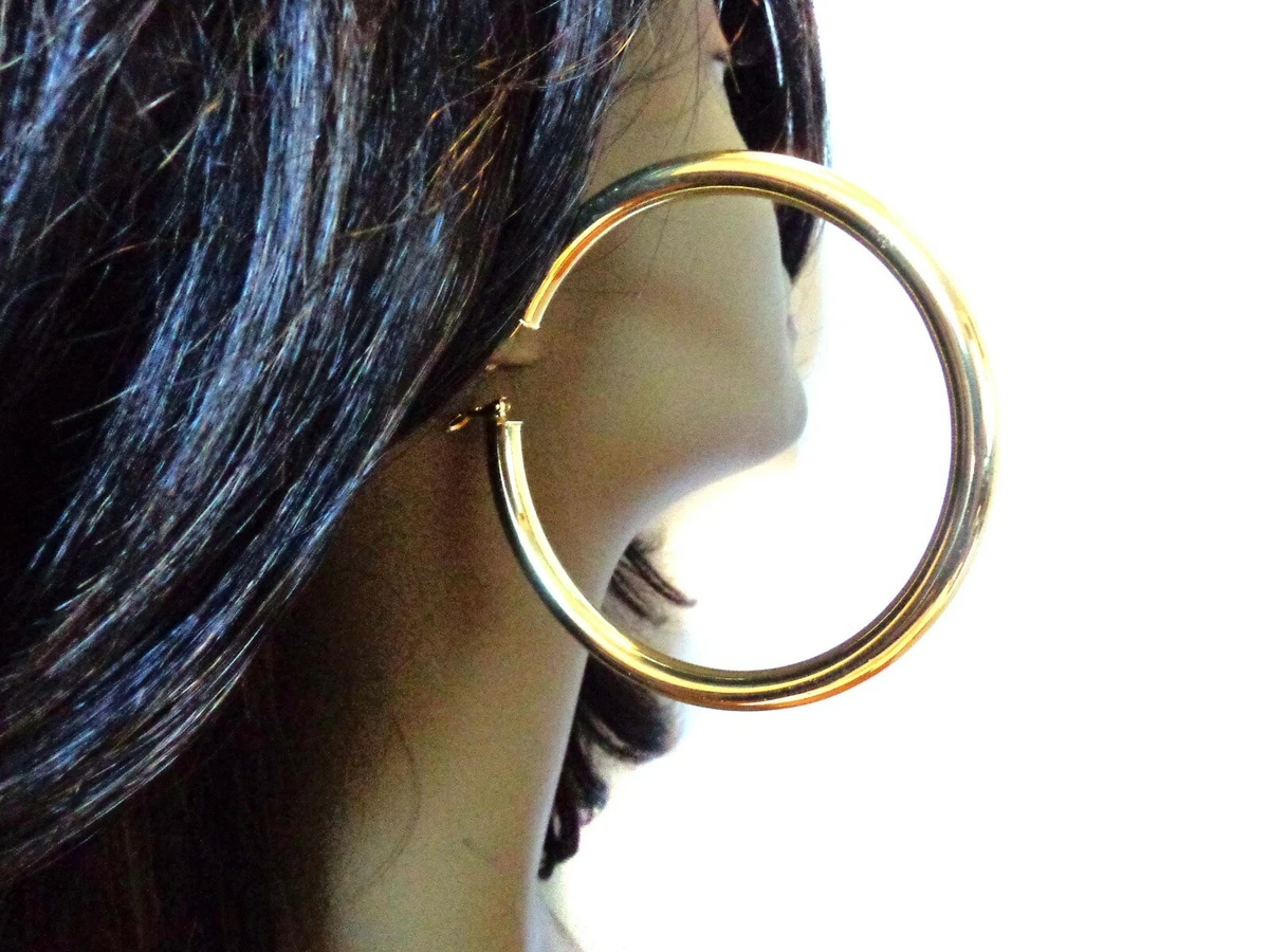 LARGE HOOP EARRINGS 3.5 inch HOOPS SHINY GOLD OR SILVER PLATED