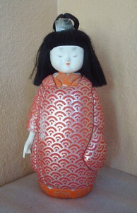 Vintage Japanese wood Doll Black hair and Brocade Kimono