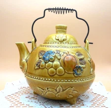 Honey Brown Rustic Fruit Ceramic Spring Wire Handle 7 IN Round Teapot (BIN GW71)