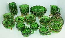 21 Piece EAPG Beautiful Emerald Green & Gold Beaded Glass Footed Serving set