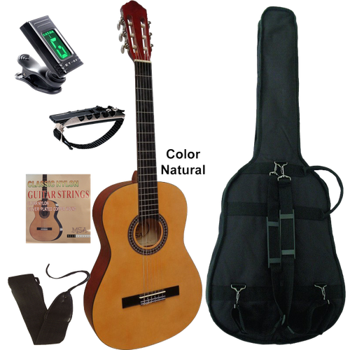 Guitarra española natural adulto 4/4 con funda afinador cuerdas cejilla  correa | eBay