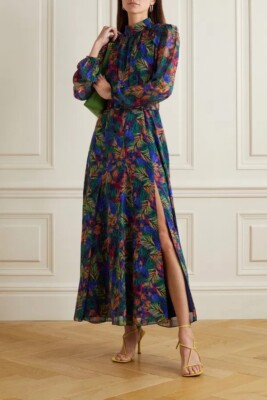 Saloni Maxi Kleid Blau Bunt Geblümt Seide Chiffon Langarm Gürtel XS 34