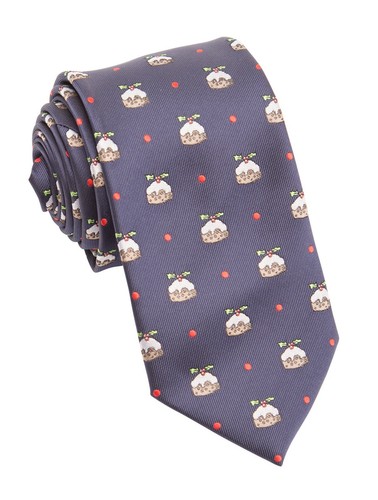 Navy Christmas Puddings Polyester Tie - Picture 3 of 4