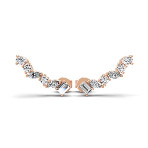 0.64 Ct Multi Shape Lab Grown Diamond Climber Earrings Solid 14K Rose Gold Gift