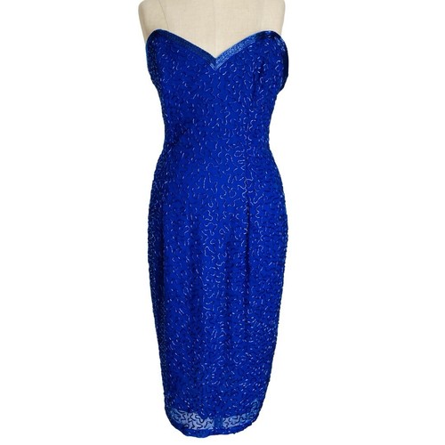Abito da cocktail vintage nero cravatta Oleg Cassini SweetHeart perline paillettes blu seta 8