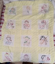 Handmade Cross Stitch Baby Quilt Throw 12 Panel Kids With Farm Animals Cute