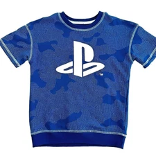 PlayStation Boys Blue Camo Shorts Sleeve Sweatshirt Top Athletic Video Game Sz 7