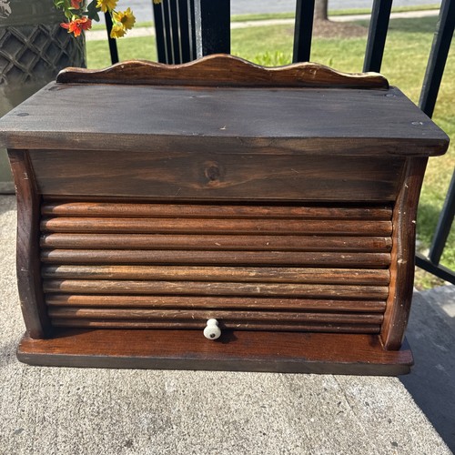 Vintage Wooden Roll Top Bread Box Solid Wood Farmhouse Cottage Porcelain Knob