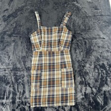 American Eagle Plaid Dress Women Size S Brown Blue Check Pinafore Pockets 2605