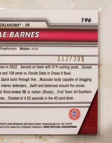 2023 Bowman Chrome University Jovantae Barnes 1st Purple Refractor RC SP 112/399 - Picture 2 of 3