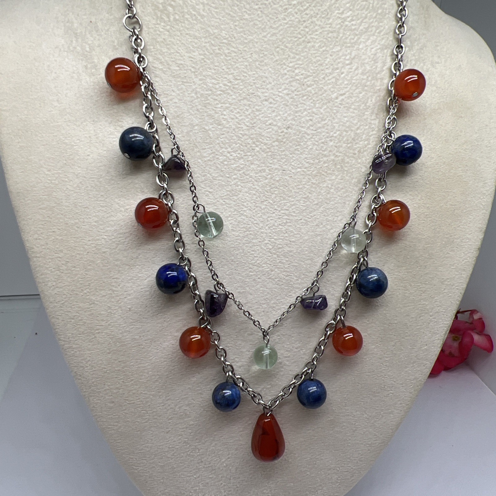 BEAUTIFUL SILVERTONE MULTI COLORED GEMSTONE 18” N… - image 1