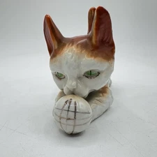 Vintage Orange Porcelain Kitty Cat W Green Eyes Playing W A Ball Of String Japan
